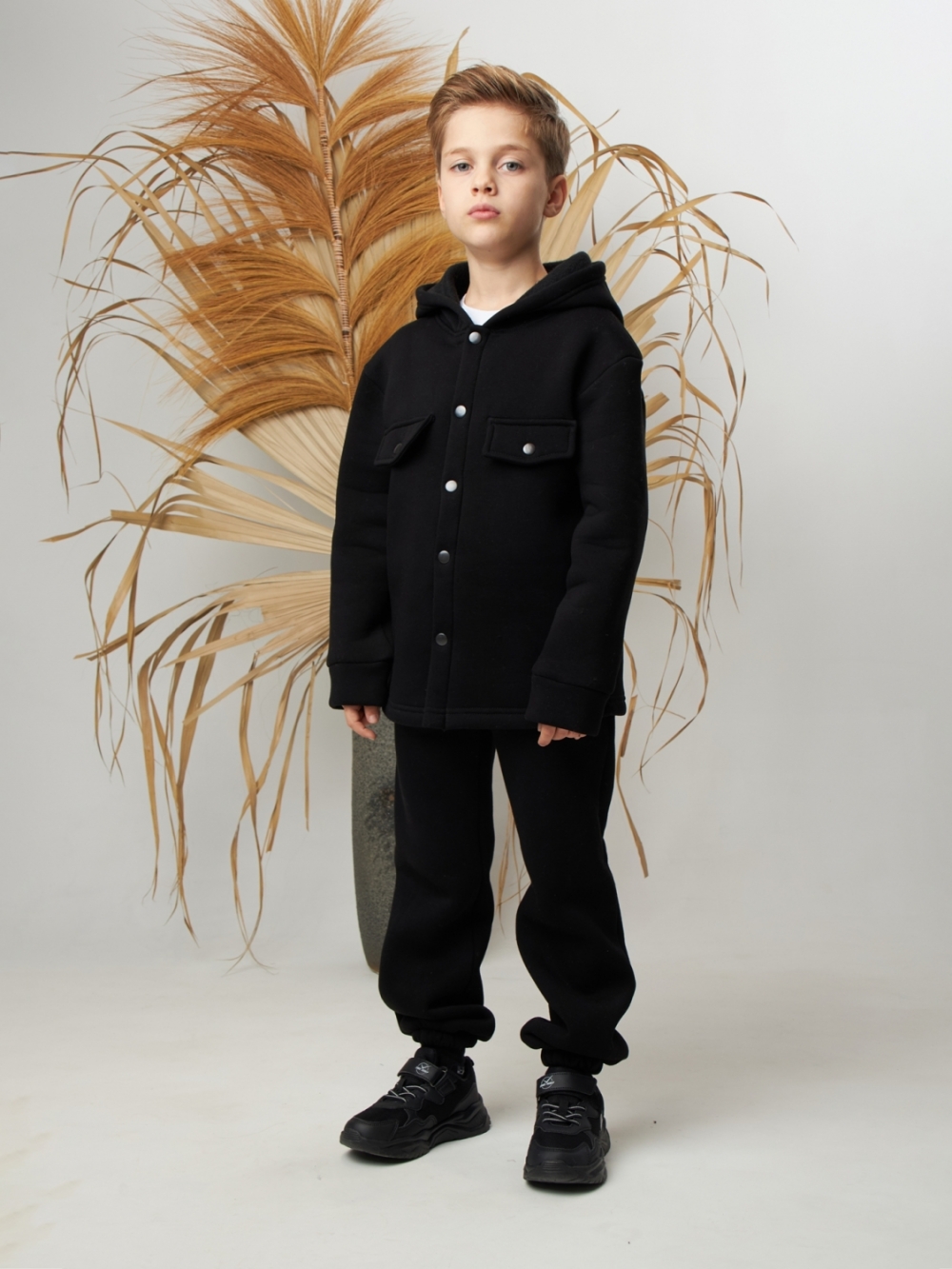 333. Костюм детский (Брюки+Толстовка) на кнопках, черный, хлопок 65%, 35% ПЭ, 3-х нитка с  начесом 98,104,110,116