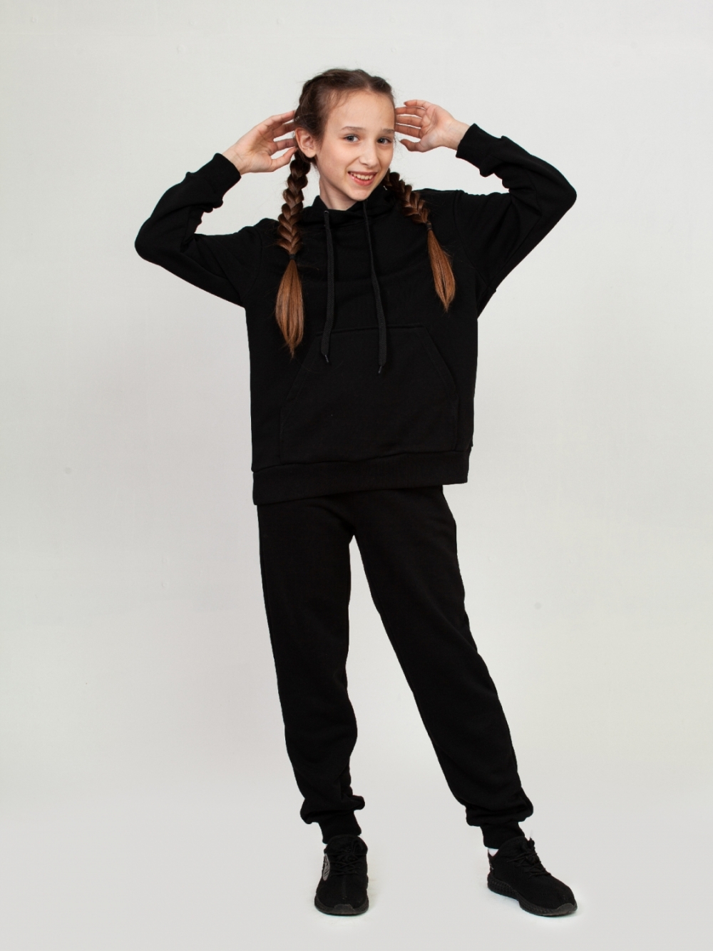 311-Ч. Свитшот с капюшоном + Штаны, хлопок 65%, 35% ПЭ, 3-х нитка ( без начеса) черный 146,152,158